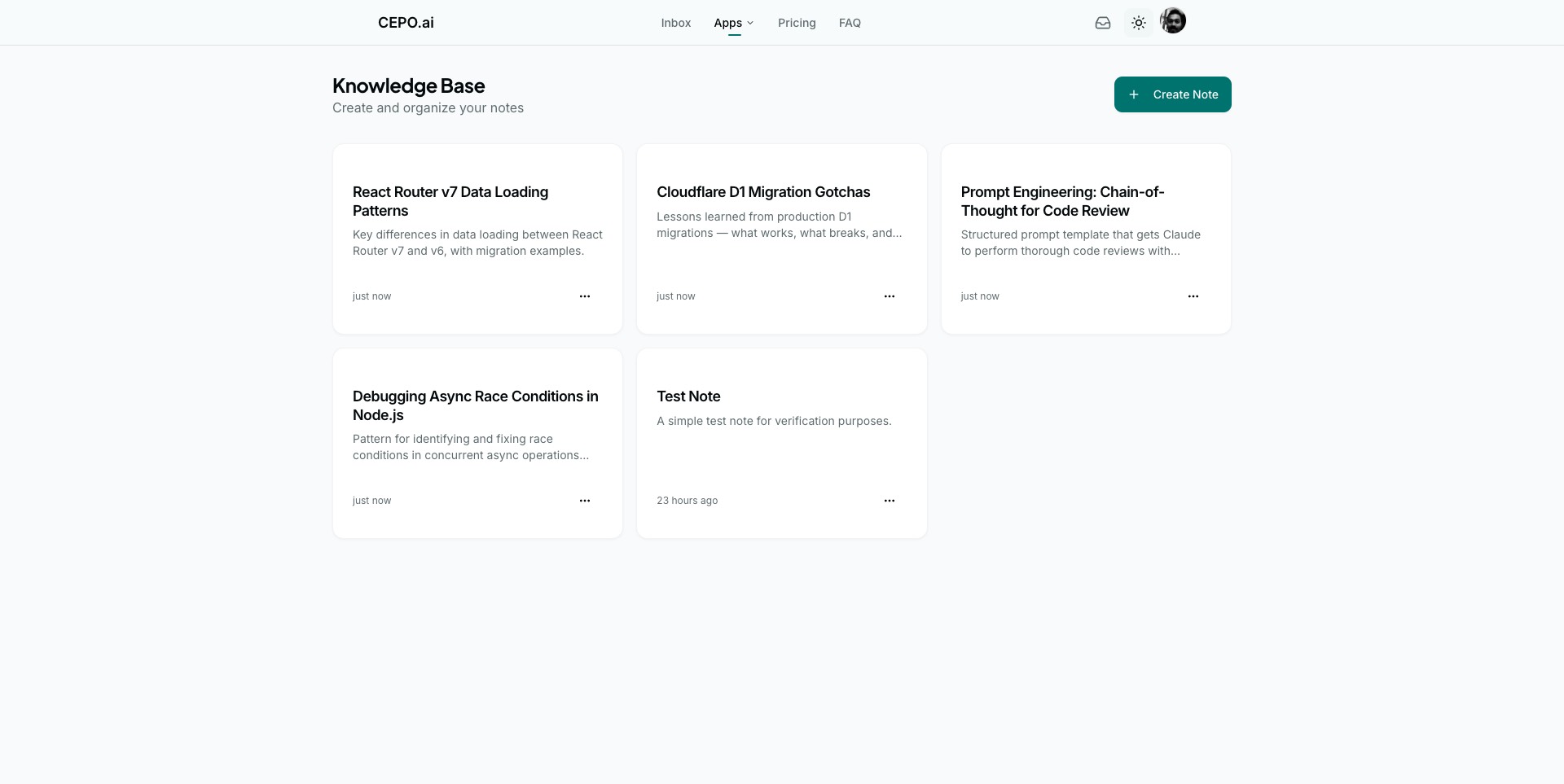 A populated Knowledge Base with tagged, searchable notes
