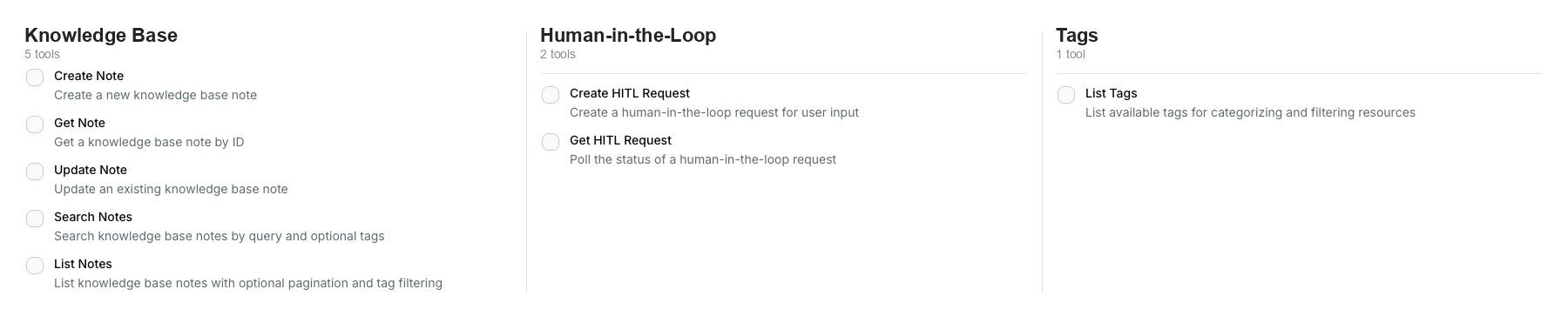 Tools available across different apps — Knowledge Base, Human-in-the-Loop, and Tags